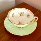 Shelley Vintage Bone China Floral Tea Cup   Saucer  Oleander Shape  Mint Green