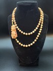 Vtg Pink Natural Angel Skin Coral Beaded Necklace With Carved Rose Flower 35 