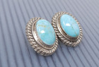 Vintage Sterling Silver Turquoise Native American Oval Stud Pierced Earrings