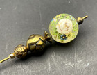 Antique Flower Hand Painted Glass Ball Hatpin Hat Pin Victorian Gold Trim