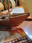 Vintage Hand Crafted Ship Wood With Paper Sails Old