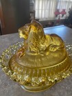 Vintage Imperial Amber Glass Lion On Nest Open Lace Basket Lidded Dish - Perfect