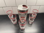 Vintage 1930   s -1940   s Cocktail Shaker Red White Stripes W 5 Glasses