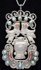 Matilde Poulat Matl Taxco Quetzal Birds Silver Coral Turquoise Necklace Pendant