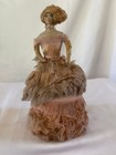 Antique Cloth Half Doll Pin Cushion Box     Pink Silk   Lace Lady  Curly Blonde