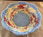 Hand Crocheted Small Round Basket Blue Rust Gold 7 x2 5  Scalloped Edge