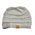 C c Beanie Grey Tail Soft Cable Knit Messy Bun Pony Tail Hat Cozy Winter Warm