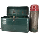 Vintage 1930s 40s Green Metal Lunch Pail Ribbed Vacuum Bottle Rustic Decor Prop