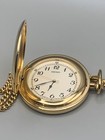Vintage Seiko Quartz Pocket Watch Hunter Case Gold Plated W Chain Japan Engraved