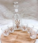 Vintage Diamond Cut Gold Detail Wheat Design Alcohol Decanter   Shot Glass Set