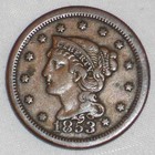 Beautiful Us Copper Coin 1853 Braided Hair Liberty Head Large Cent Vf  