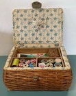 Vintage Wicker Sewing Basket With Floral Fabric  Wooden Tray And Sewing Notions