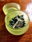 Vtg Enameled Chapel Sterling Silver Green Cat s Eye Rosary   Antique Glass Case
