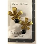 Vintage Spingarn New York Textured Gold Bow Black Drop Clip On Earrings Rare
