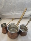 Vintage Turkish Copper Coffee Pot With Brass Handle Etched      Set Of 3 Hammered