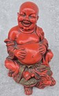 Vtg 9  Smiling Chinese Tibetan Carved Red Lacquered Prosperity Buddha Sculpture