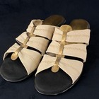 Vintage 1970s Beige Black Sandals 6 5 Magdesians Gold Leather Open Toe Shoes