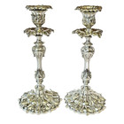 Antique 12  Silverplate Acanthus Leaf Candlesticks With Drip Plates And Bobeche