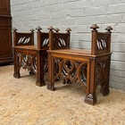Matched Pair Of Antique French Gothic Revival Walnut Wood Stools Benches