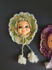 Crochet Doll Face Decor Green  Purple  White 1960   s Vintage Kitschy Set Of 2  
