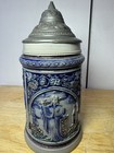 German Style Blue   Gray Relief Ceramic Lidded Beer Stein Pewter Lid 8in