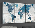 Wall Art Canvas  World Map Wall Decor 3 Piece  Blue Travel Painting  Office