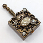 Vintage Handled Gold Tone Snuff   Pill Box With Rhinestones   Faux Pearl On Lid