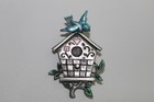 Jj Birdhouse Brooch Silver Tone Blue Bird Pink Heart Green Leaves Vintage