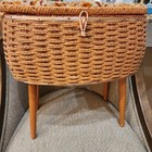 Vintage Mid Century Standing Sewing Basket Box Woven Wicker Wood Legs Japan