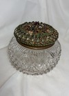 Vtg Cut Crystal Vanity Powder Dresser Jar Enamel Ornate Filigree Lid Red Gem 4x3