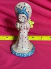 Vintage Pin Cushion Doll Girl Lady In Bonnet Pink  w Blue Trim Sunflower