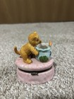 Cat Fishing In Bowl Porcelain Trinket pill Box Miniature Whimisical 3 25 x2 75 