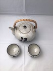 Vintage Otagiri Teapot Set Speckled Gray Stoneware Bamboo Handle 2 Cups