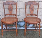 Pair Antique Vintage Victorian Eastlake Walnut Wooden Dining Chairs Caned Seat