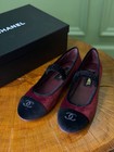 Chanel Women   s Burgundy black Leather Slip-on Flats Cap Toe Logo Size 6