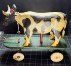 Antique Hand-carved Wooden Cow Pull Toy     Vintage Folk Art Painted Cow On Wheels