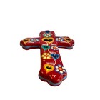 Vtg Mexican Folk Art Ceramic Cross Hearts Flowers Red Wall Decor Milagro-style