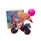 Vintage Wind-up Mechanical Tin Girl Tricycle In Original Box With Bell Works Nib