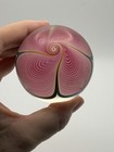 Abelman 1989 Iridescent Pink Pulled Feather Art Glass Paperweight Signed Abelman