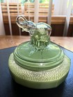 Vintage Art Deco Trunks Up Elephant W  Babies Powder Jar Green Flaking Paint