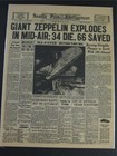 Vintage Newspaper Headlines   Hindenburg Zeppelin  Crash Explodes Disaster  1937