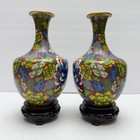 Vintage Pair Set Of Chinese Cloisonn   Enamel Vases On Stand Blue Chrysanthemum