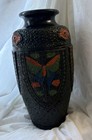 Vintage Japanese Tokanabe Style Black Pottery Vase 12    Butterfly Floral Relief