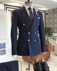 Navy Pinstripe Double Breasted Suit Button Formal Groom Tuxedo Blazer Pants Set