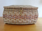 Vintage Sewing Basket Woven Wicker Tapestry  Satin 12   x8   x6    Made In Japan Euc 