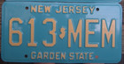 New Jersey Blue 1980s License Plate   613 Mem
