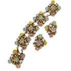 Vintage Pastel Enamel Spring Flowers Bracelet   Earrings Set Rhinestones Gold