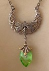 Vintage Necklace Art Nouveau Dragonfly Brass Pendant Antique Green Czech Glass