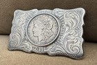 Vtg Old Western Frontier Engraved Sterling 1921 Morgan Silver Dollar Belt Buckle