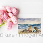 Aceo Atc Painting Print Watercolor Sandcastles Seascape Beach Figures Signed